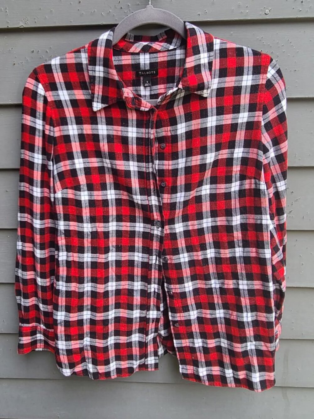 Talbots Red Black Plaid with Metallic Thread Button Down Top size Small